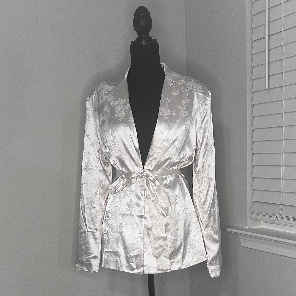 Silky Kimono Belted Floral Blazer in Ivory